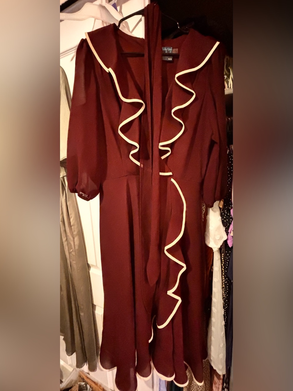 Gabby Skye Maroon Long Sleeve Dress with Cream Ruffle Detail